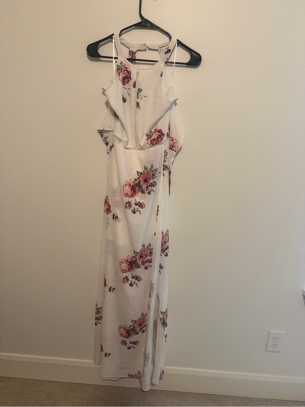 White Floral Maxi Dress with Pink Rose Print